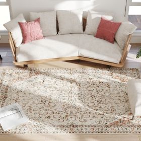 Area Rug 5x7, Machine Washable Rug, Non-Slip Classical Floral Print Floor Carpet for Living Room, Bedroom, Mixed-Brown
